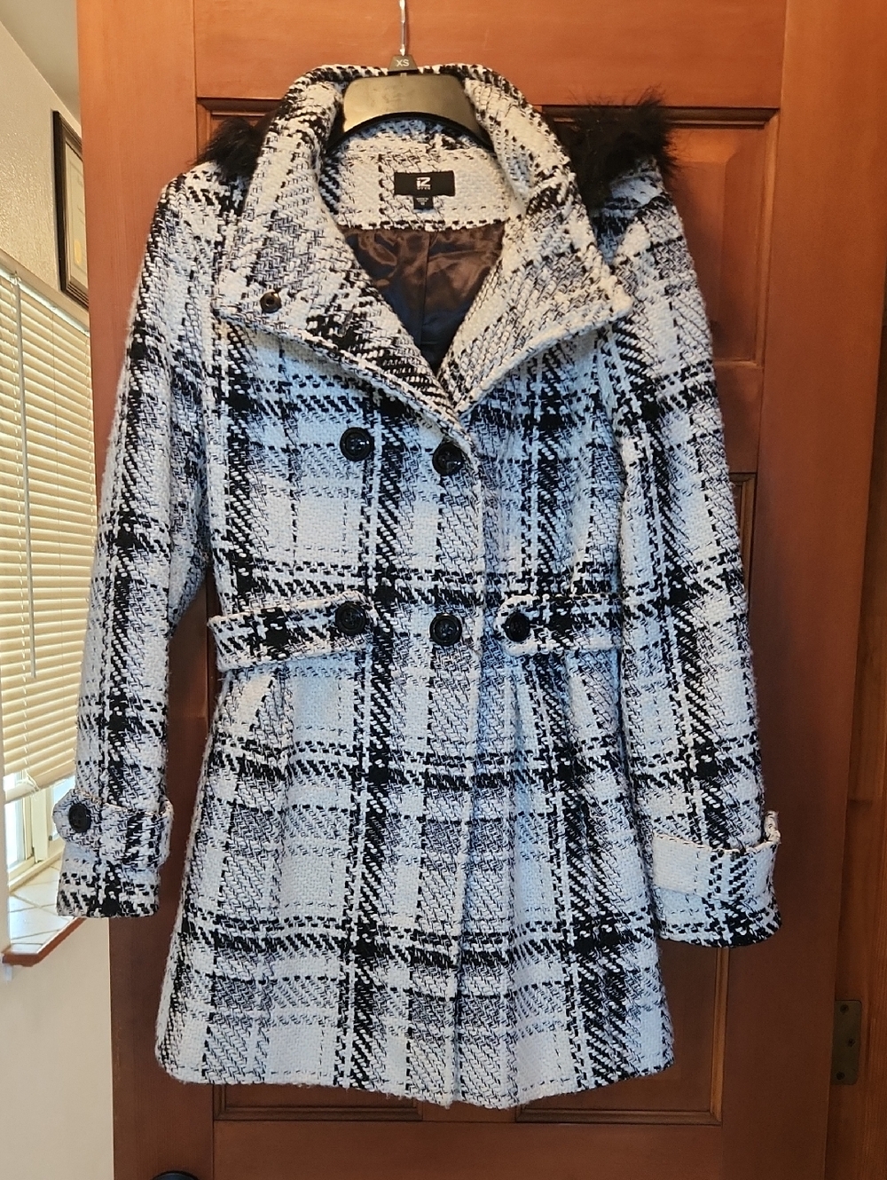 Iz Byer Black & White Plaid Double-Breasted Pea Coat with Faux Fur Trim